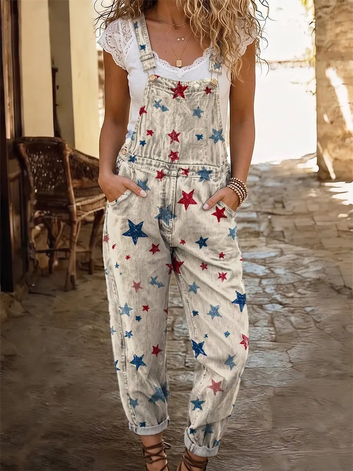 Retro Stars Women's Casual Washed Cotton Denim Jumpsuit
