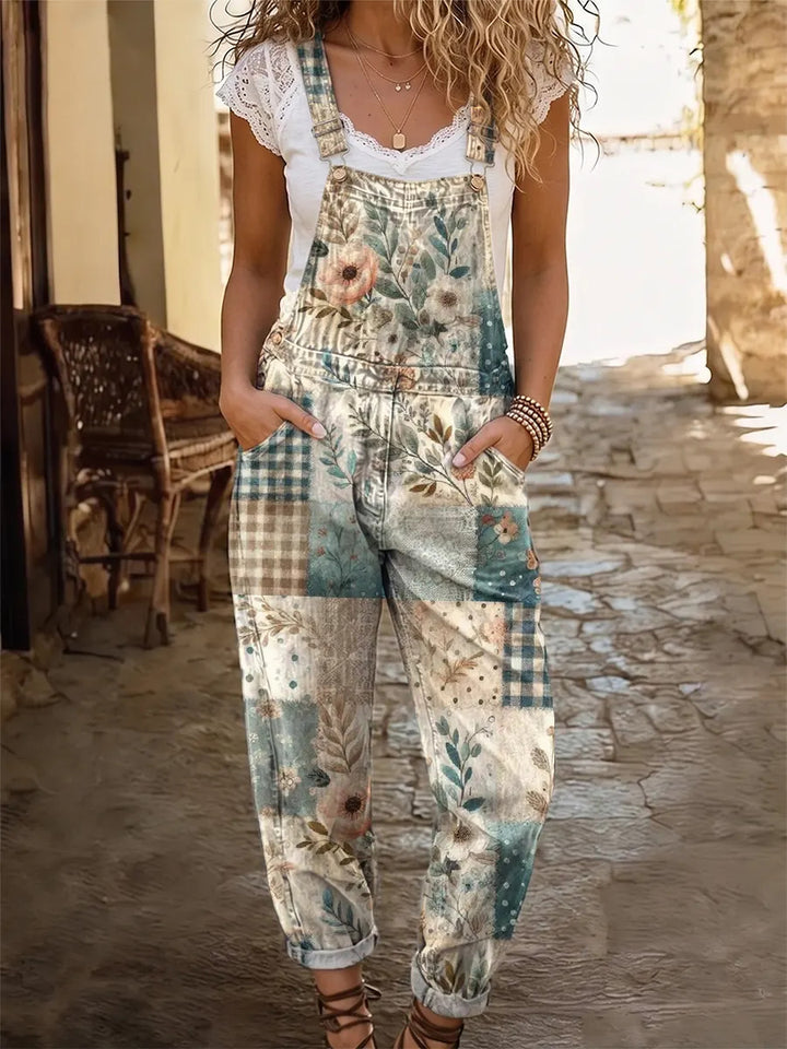 Ethnic-style patchwork bohemian floral pattern women's casual washed cotton denim jumpsuit