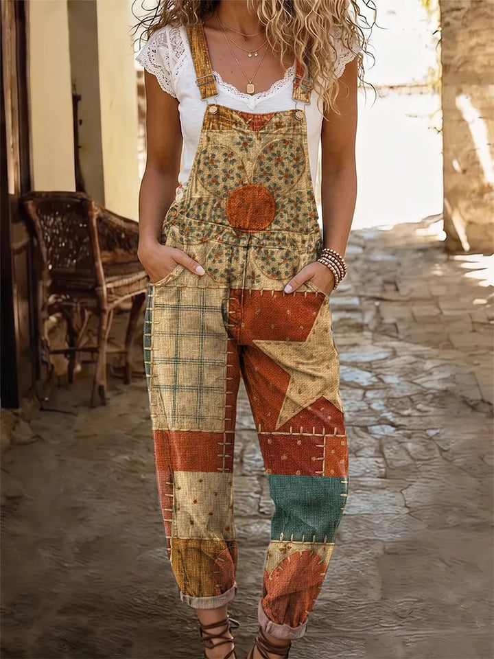 Ethnic Style Patchwork Star and Flower Women's Casual Washed Cotton Denim Jumpsuit