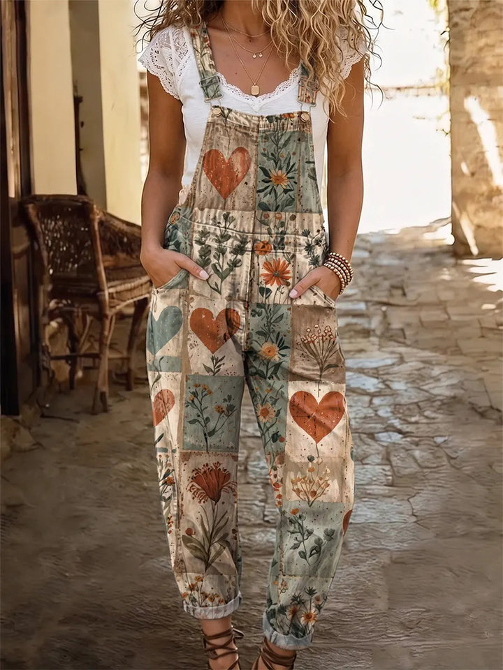 Ethnicity Bohemia Flowers Love Women's Casual Washed Cotton Denim Jumpsuit
