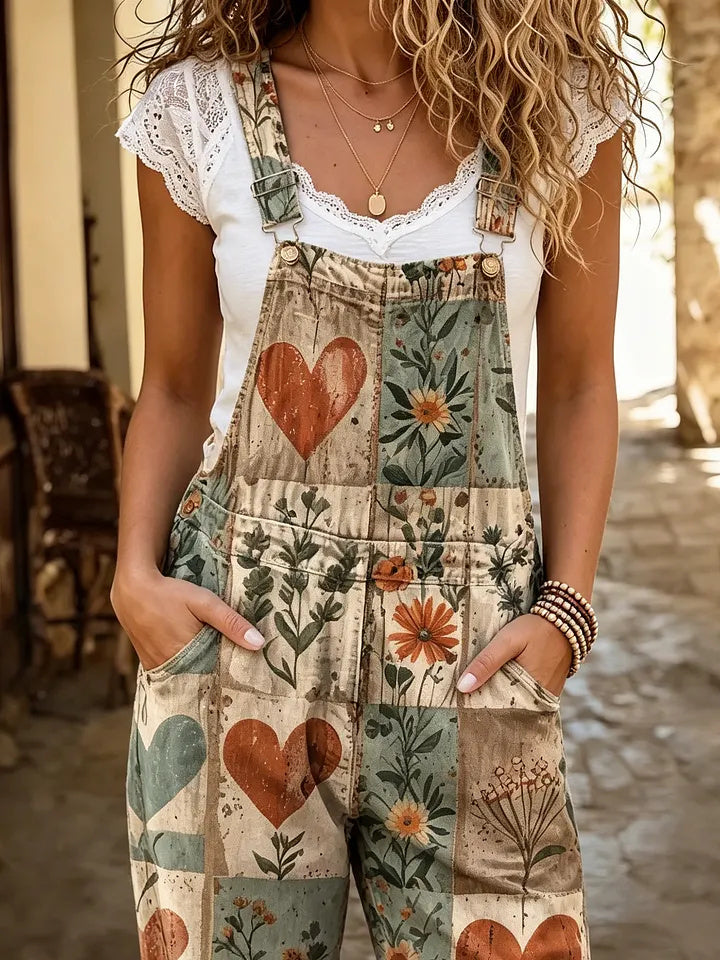 Ethnicity Bohemia Flowers Love Women's Casual Washed Cotton Denim Jumpsuit