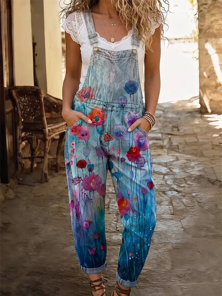 Ethnic-style watercolor floral gradient women's casual washed cotton denim jumpsuit