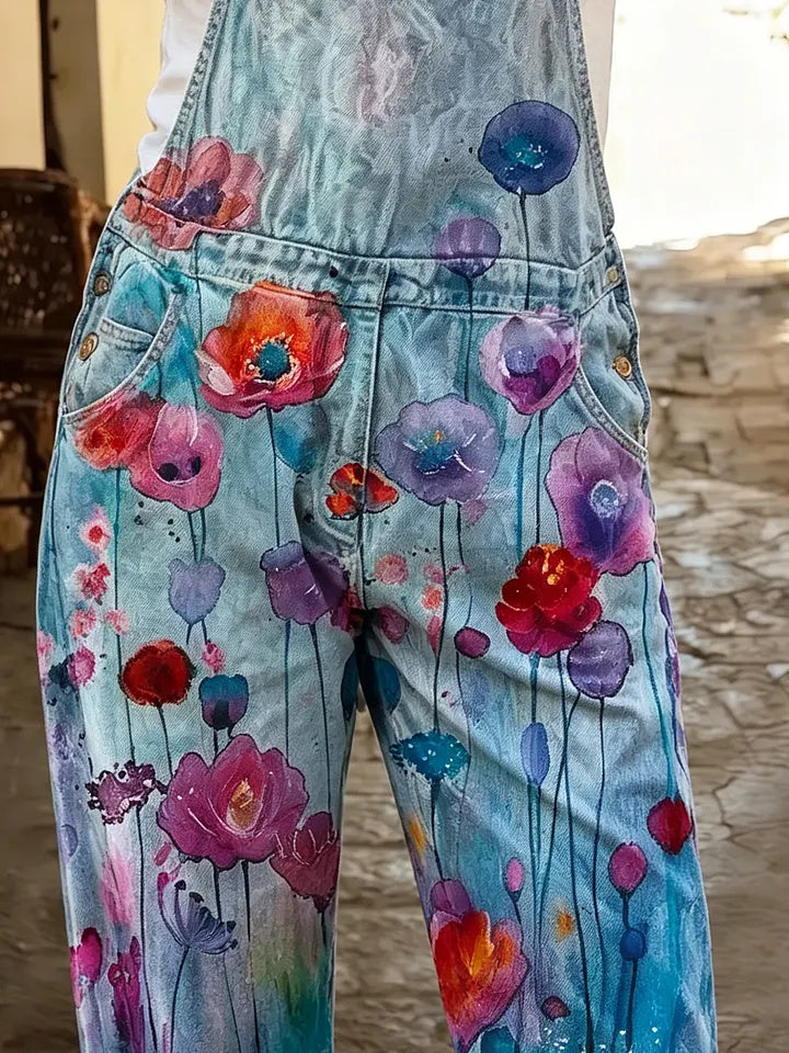 Ethnic-style watercolor floral gradient women's casual washed cotton denim jumpsuit