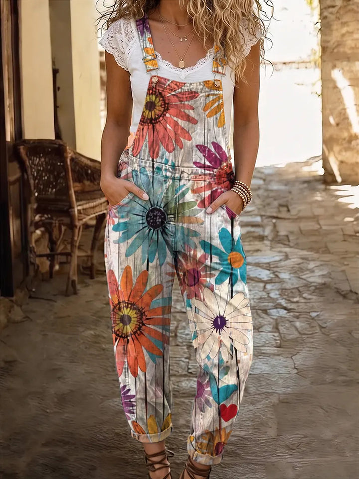 Ethnicity Bohemia Flowers Women's Casual Washed Cotton Denim Jumpsuit