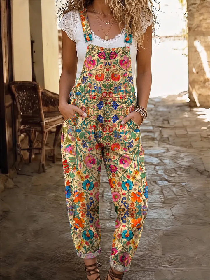 Ethnicity Flowers Geometry Women's Casual Washed Cotton Denim Jumpsuit