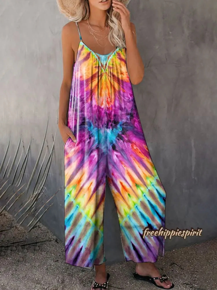 Women's Hippie Print Casual Suspender Wide-Leg Pants