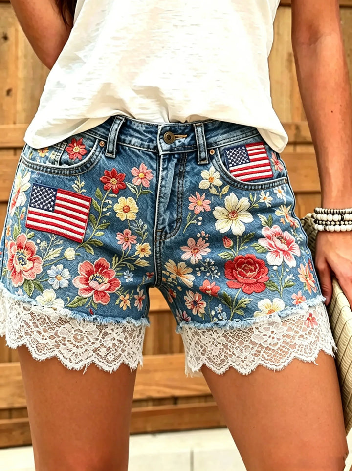 Women's American Flag Floral Lace Denim Shorts