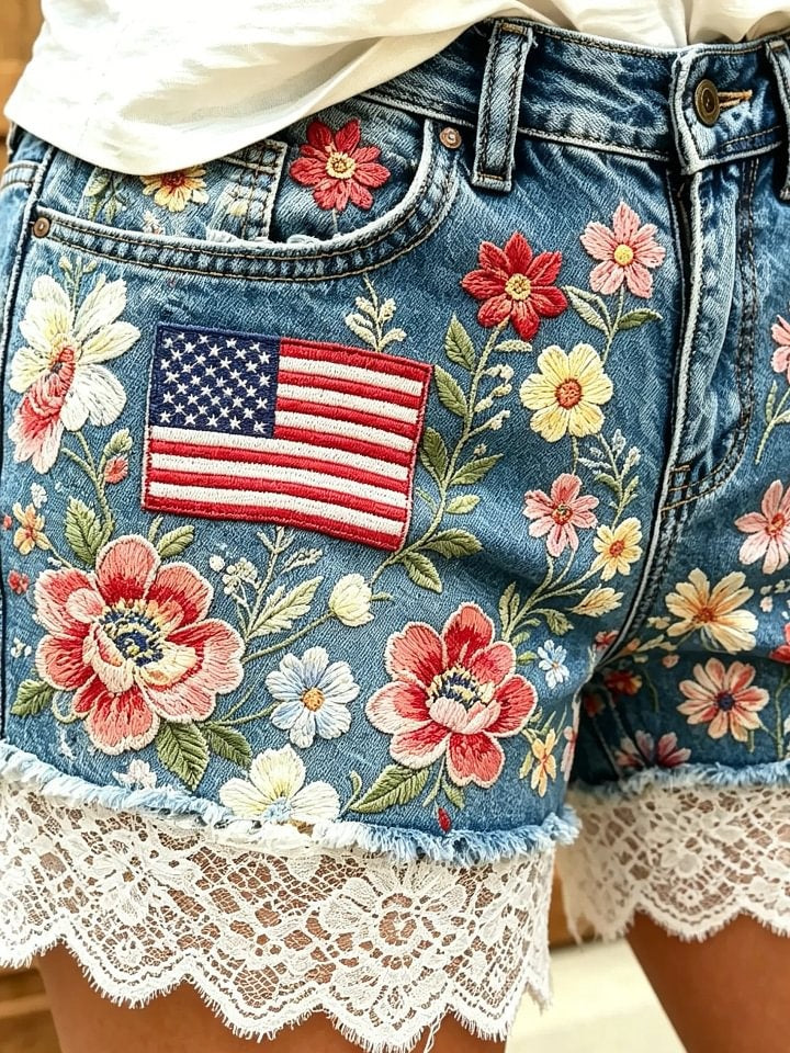Women's American Flag Floral Lace Denim Shorts