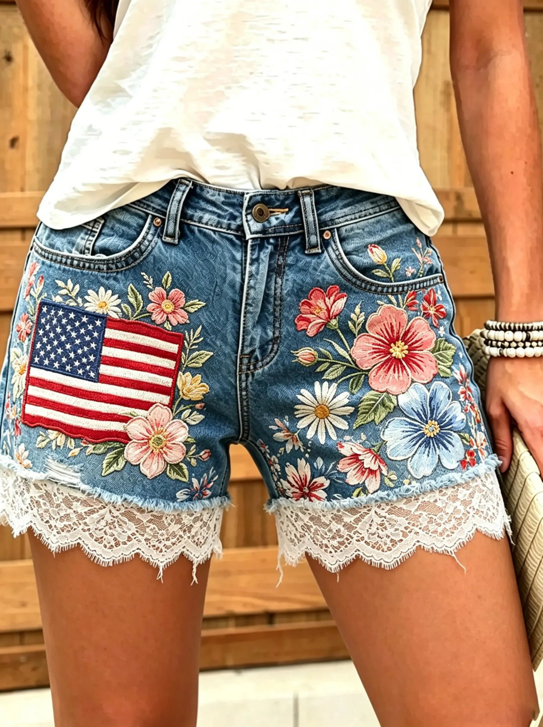 Women's American Flag Floral Lace Denim Shorts
