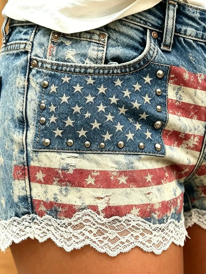 Women's American flag patchwork print cotton lace-trimmed denim shorts