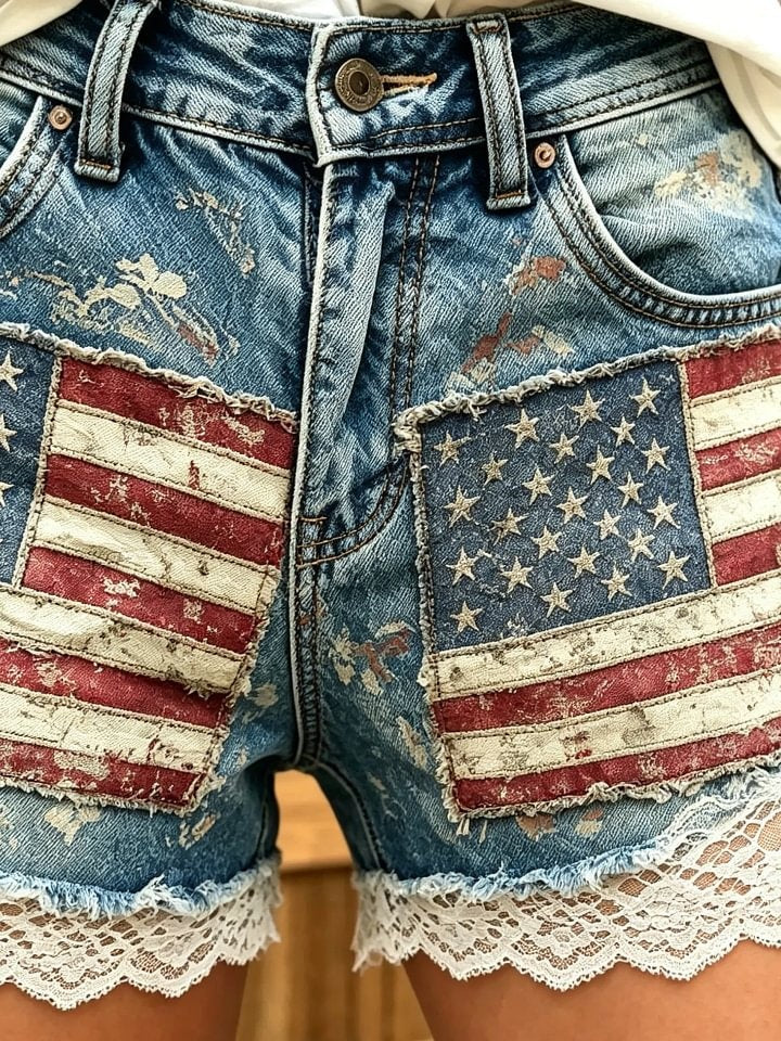 Women's American Flag Patchwork Print Cotton Lace Trim Denim Shorts