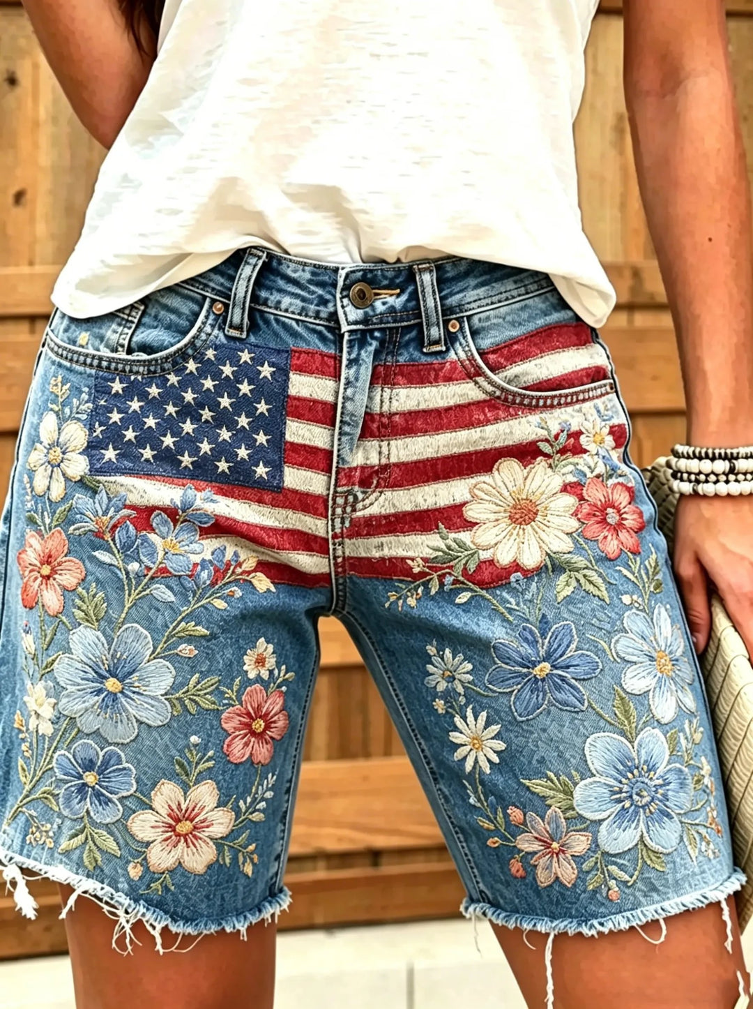 Women's American Flag Floral Print Cotton Denim Shorts