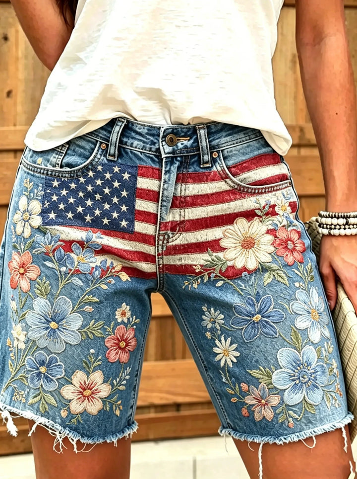 Women's American Flag Floral Print Cotton Denim Shorts