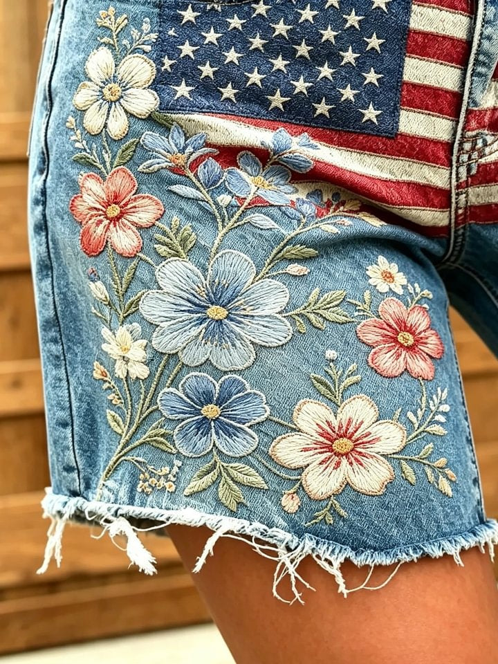 Women's American Flag Floral Print Cotton Denim Shorts