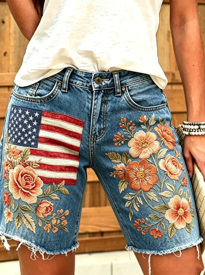 Women's American flag rose floral print cotton denim shorts