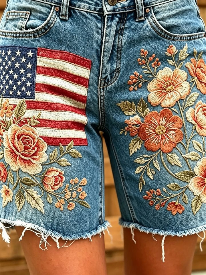 Women's American flag rose floral print cotton denim shorts