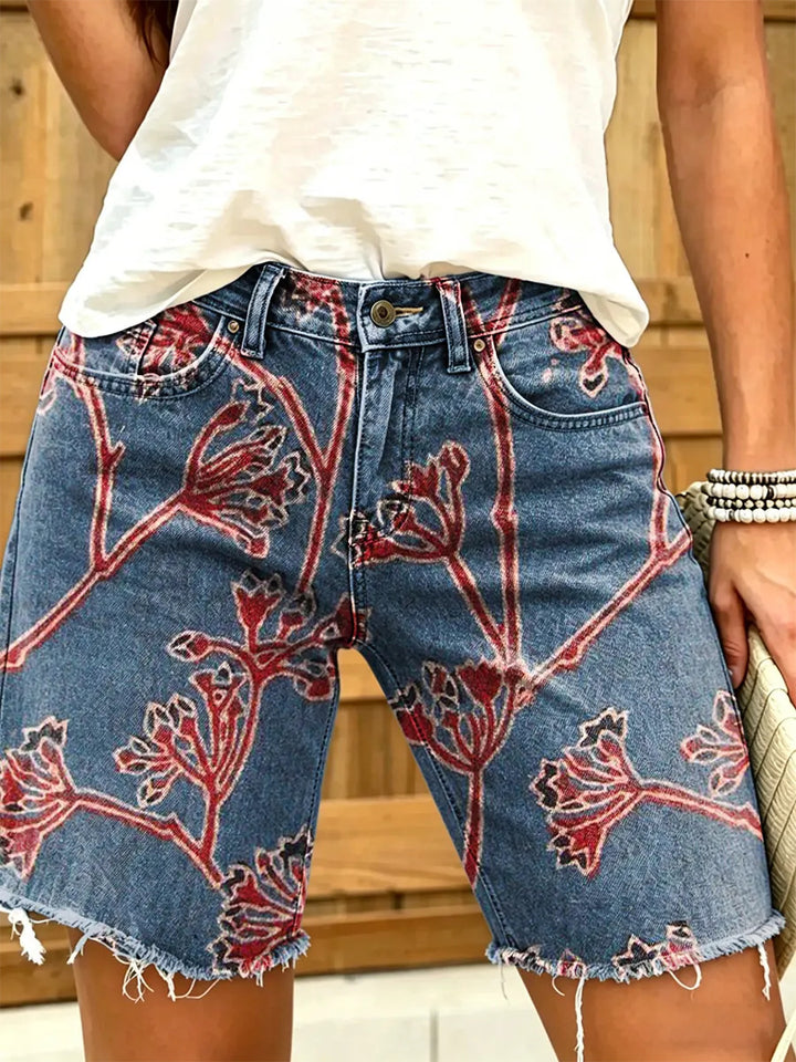 Women's vintage floral distressed print frayed denim Bermuda shorts