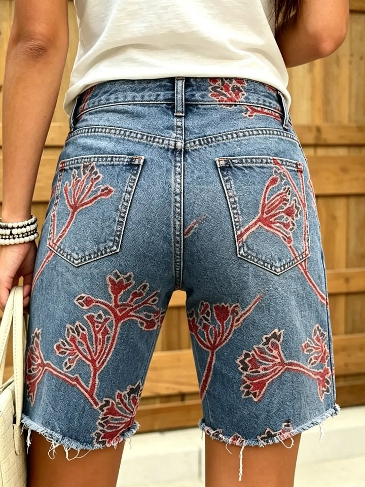 Women's vintage floral distressed print frayed denim Bermuda shorts