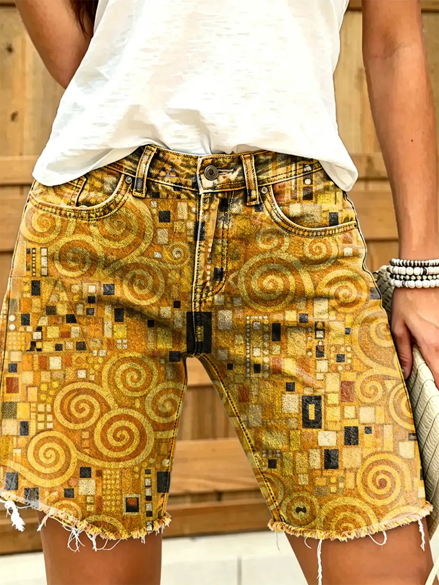 Women's Abstract Patterns Art Geometric Print Frayed Denim Bermuda Shorts