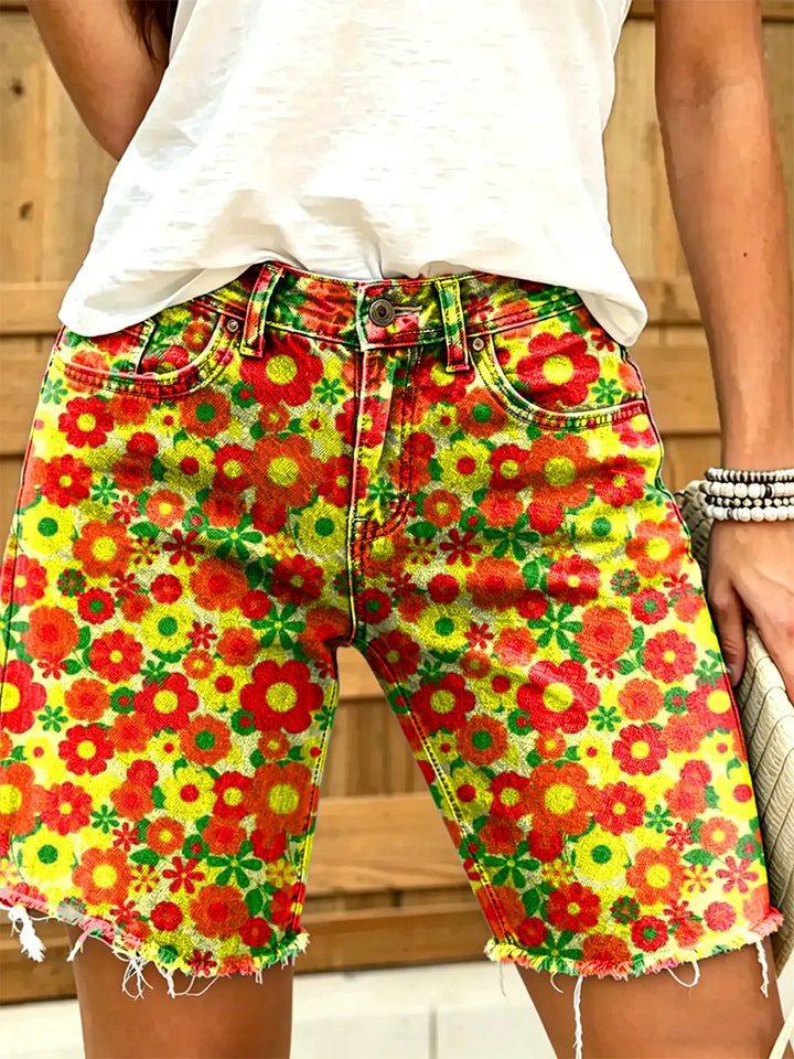 Women's Retro Orange Floral Print Frayed Denim Bermuda Shorts