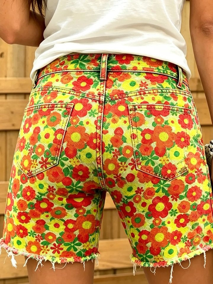 Women's Retro Orange Floral Print Frayed Denim Bermuda Shorts