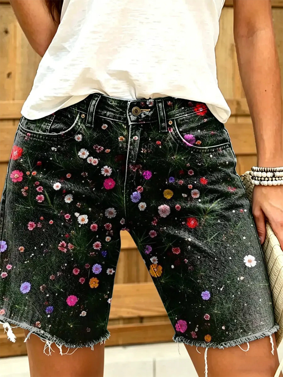 Women's Vintage Black Base All-Over Daisy Print Frayed Denim Bermuda Shorts