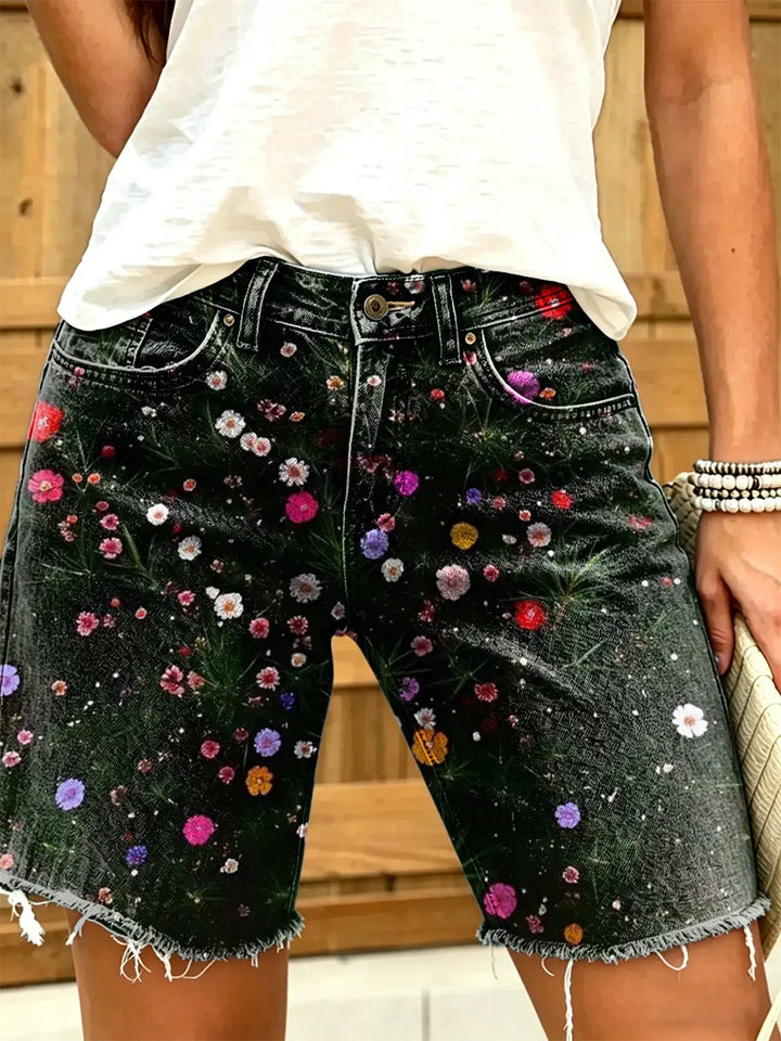Women's Vintage Black Base All-Over Daisy Print Frayed Denim Bermuda Shorts