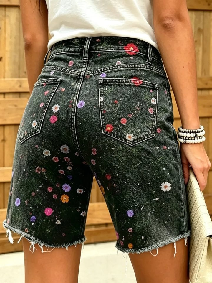 Women's Vintage Black Base All-Over Daisy Print Frayed Denim Bermuda Shorts