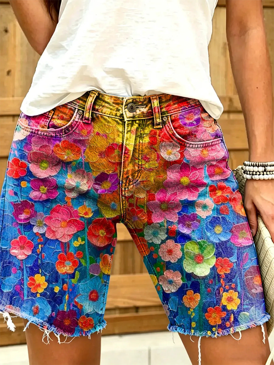 Women's Watercolor Hand-Painted Large Floral Print Frayed Denim Bermuda Shorts