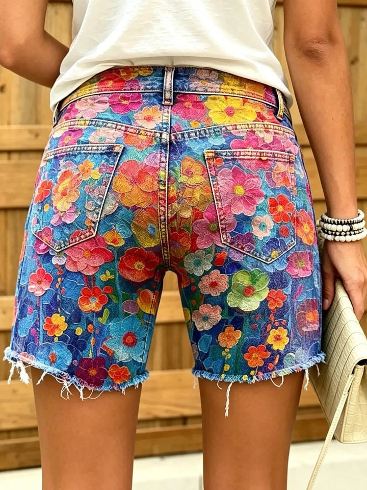 Women's Watercolor Hand-Painted Large Floral Print Frayed Denim Bermuda Shorts