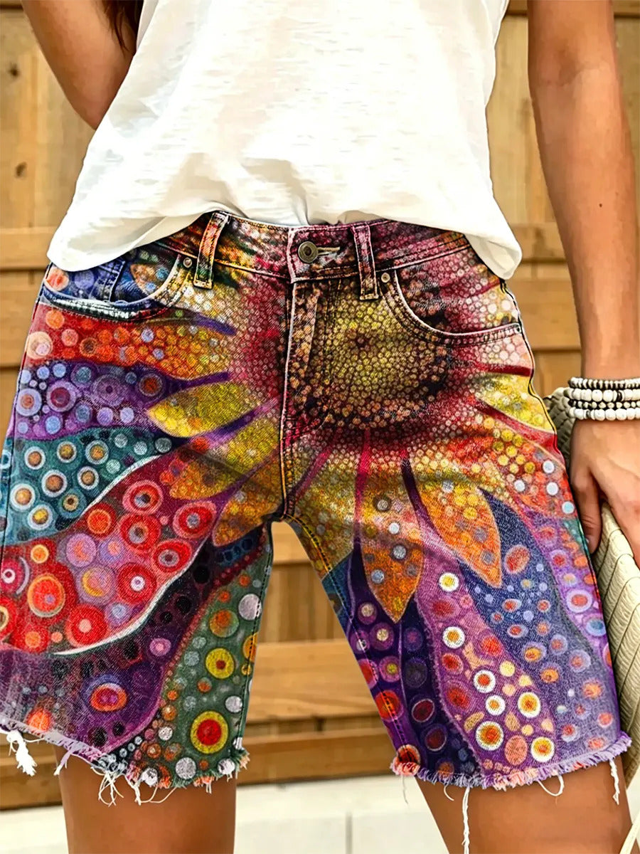 Women's Bohemian style sunflower art print frayed denim Bermuda shorts