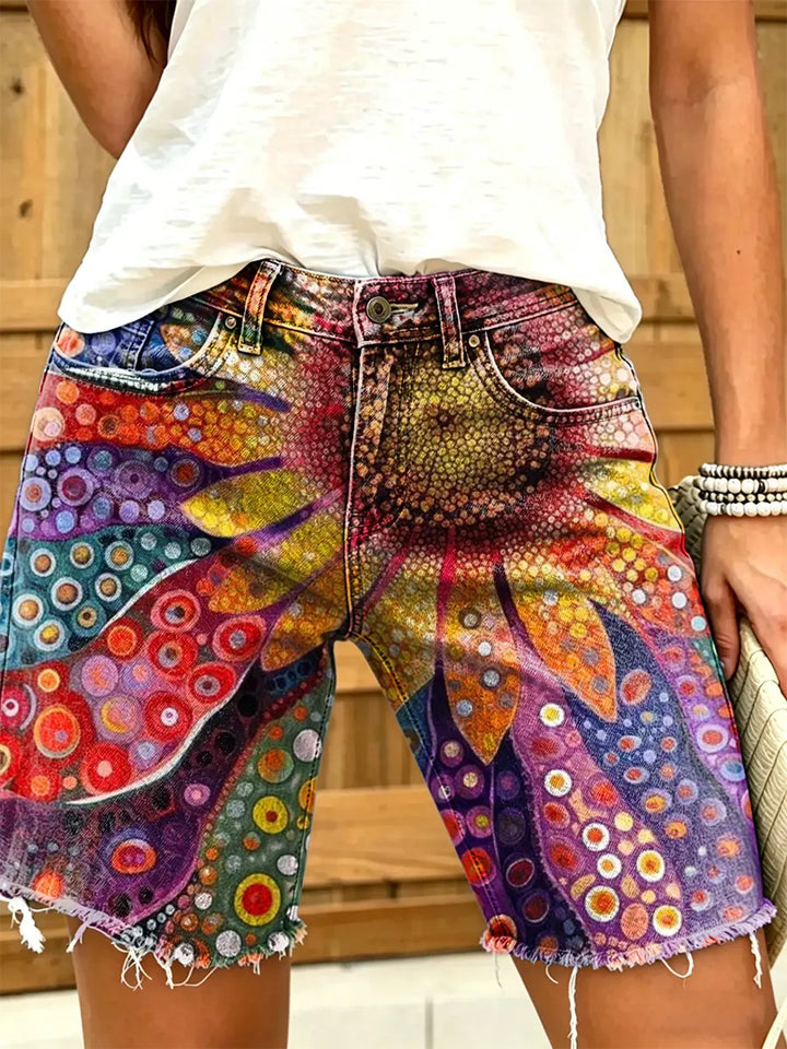 Women's Bohemian style sunflower art print frayed denim Bermuda shorts