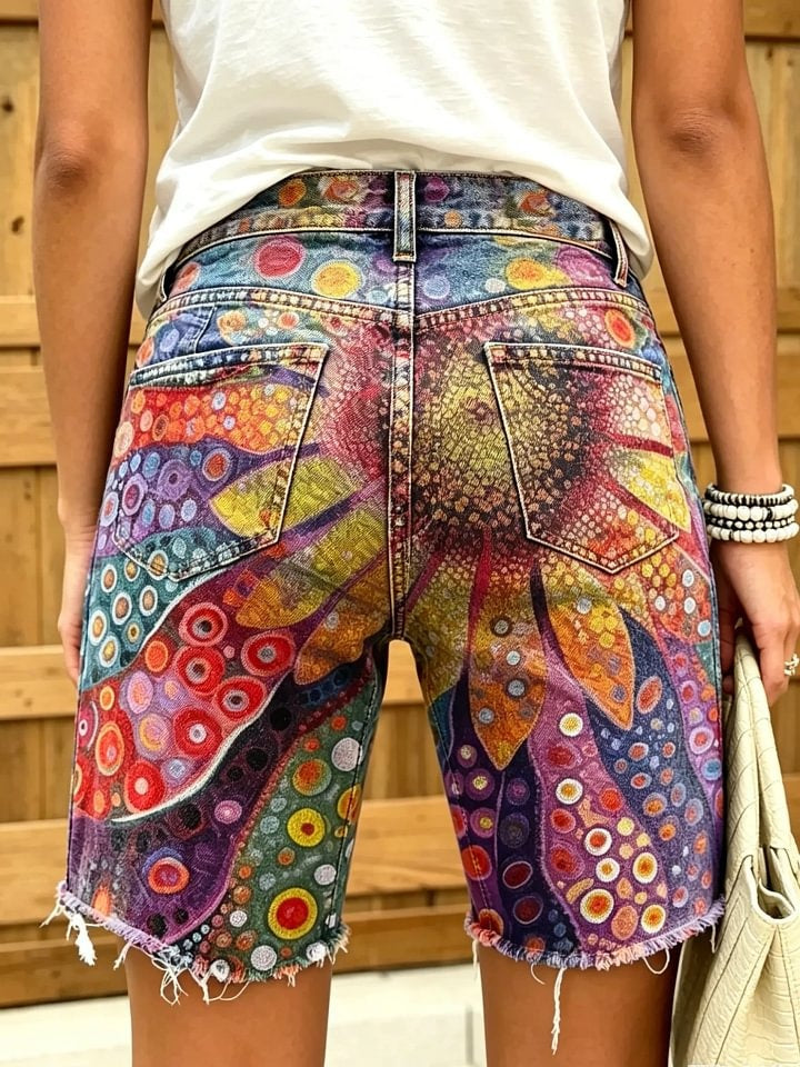 Women's Bohemian style sunflower art print frayed denim Bermuda shorts