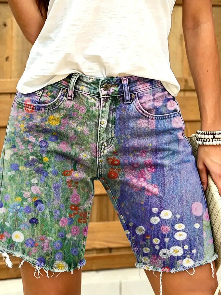 Women's Watercolor Garden Floral Print Frayed Denim Bermuda Shorts
