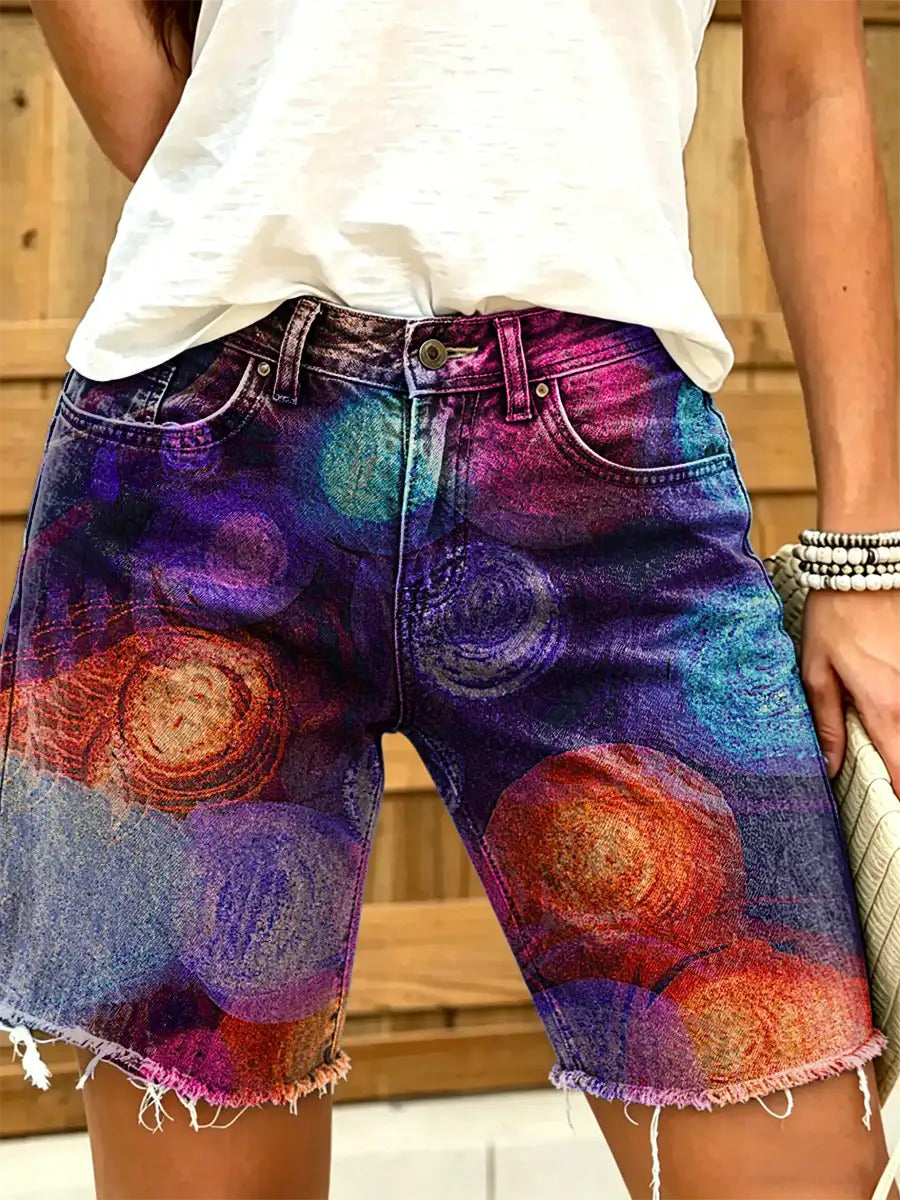 Women's Asymmetrical Circular Print Art Denim Shorts
