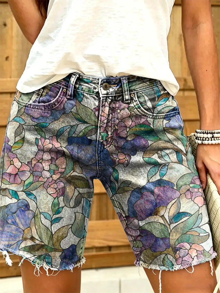 Women's Vintage Floral Print Denim Shorts
