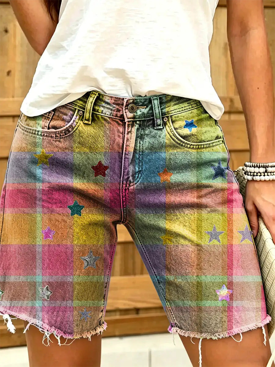 Women's Dopamine Check Star Print Art Denim Shorts