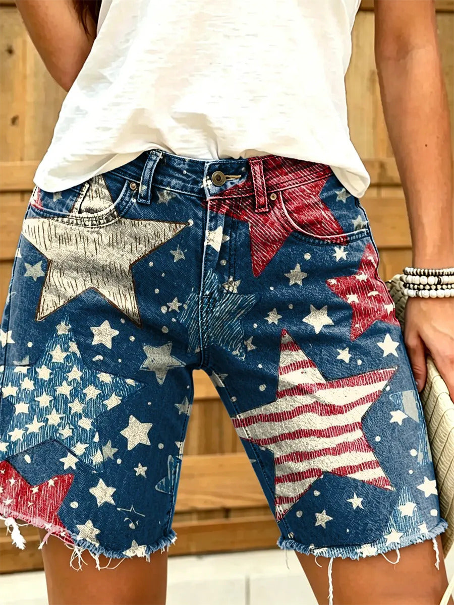 Women's American Flag Star Distressed Print Frayed Hem Denim Bermuda Shorts