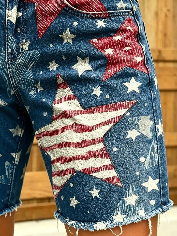 Women's American Flag Star Distressed Print Frayed Hem Denim Bermuda Shorts