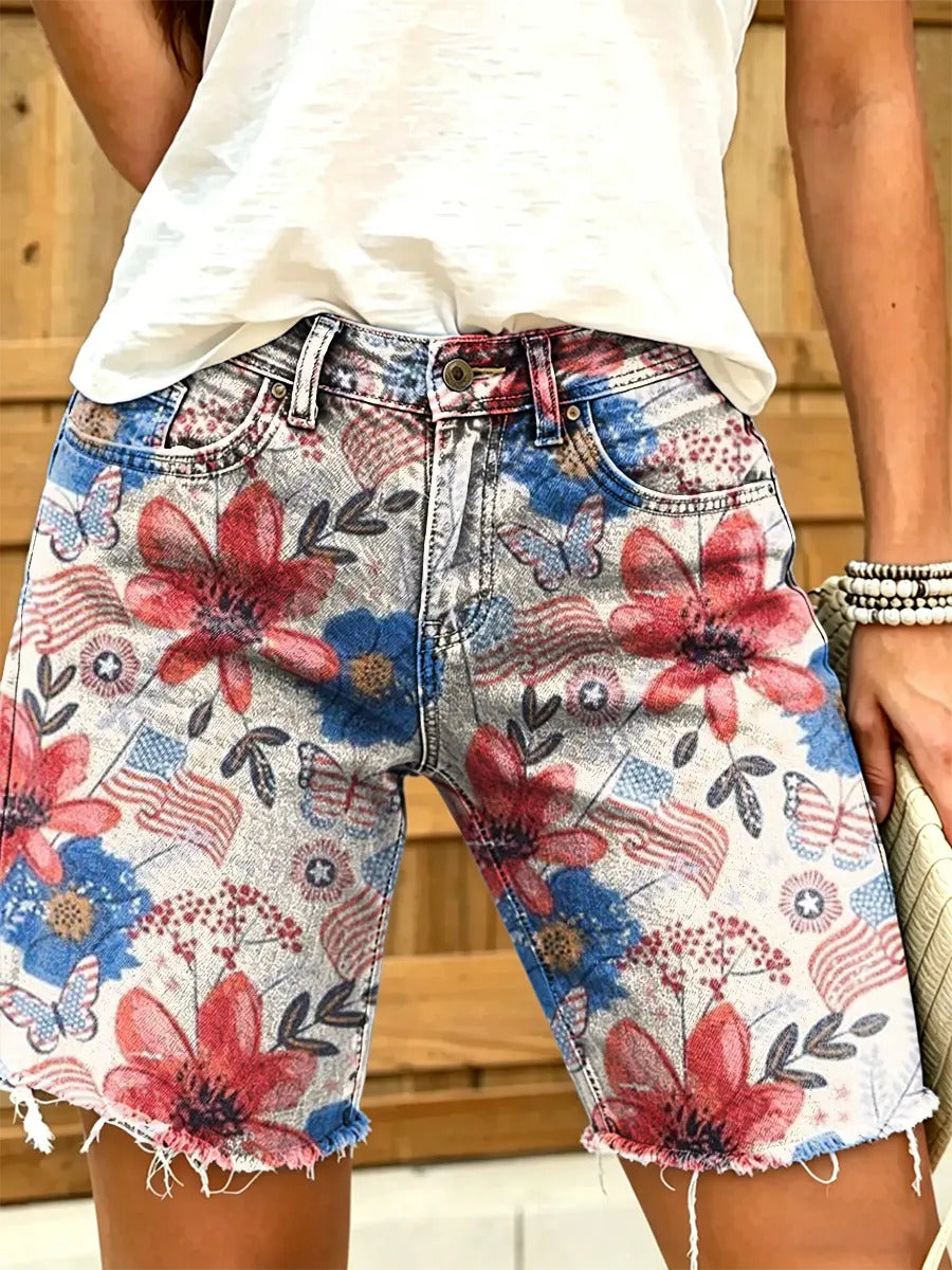 Women's American Patriotic Floral Butterfly Print Frayed Denim Bermuda Shorts