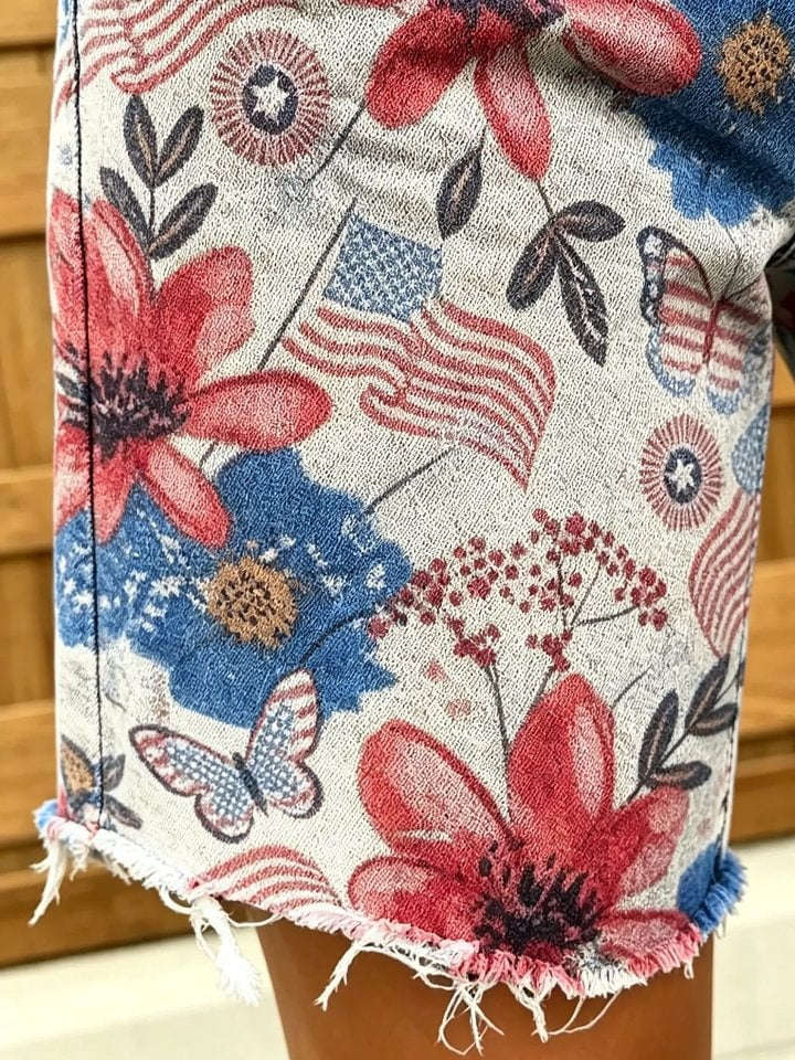 Women's American Patriotic Floral Butterfly Print Frayed Denim Bermuda Shorts