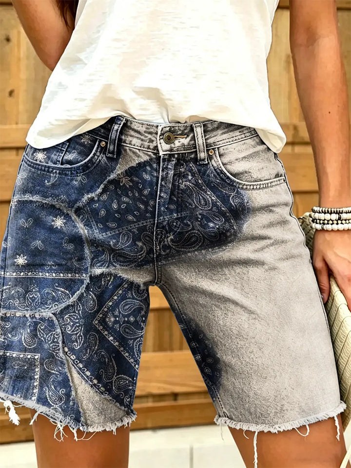 Women's Bohemian Style Paisley Patchwork Printed Frayed Denim Bermuda Shorts