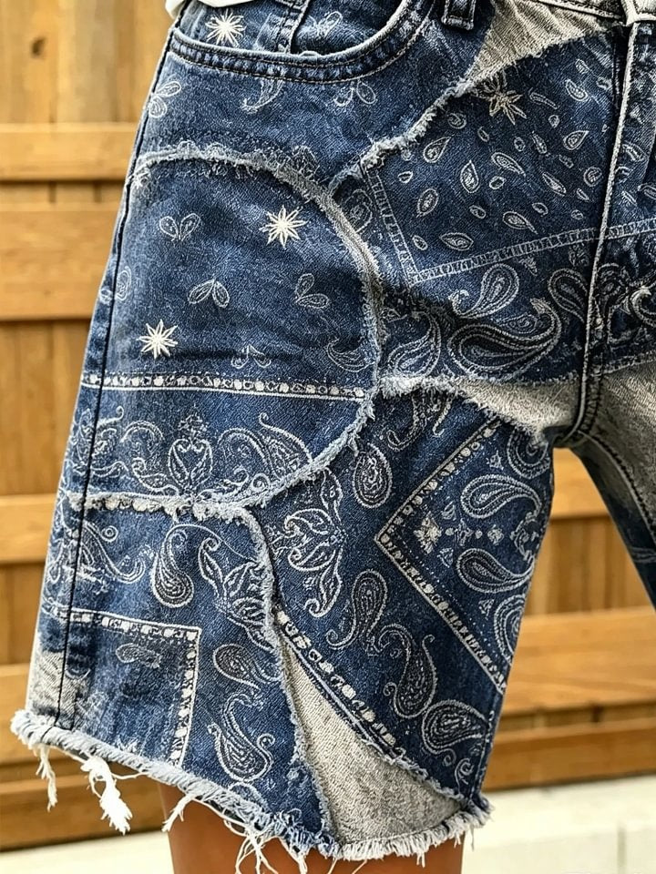 Women's Bohemian Style Paisley Patchwork Printed Frayed Denim Bermuda Shorts