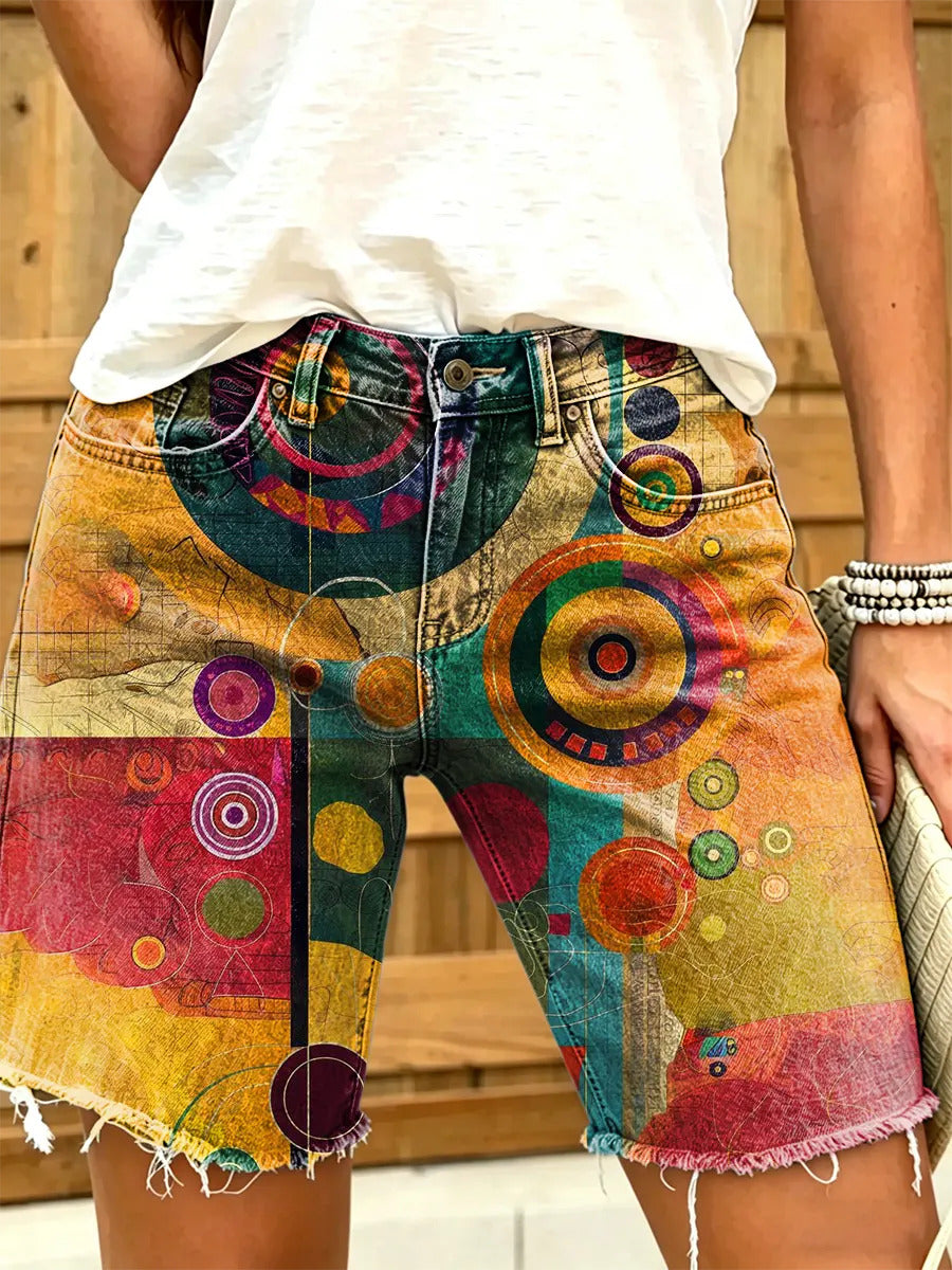 Women's Abstract Geometric Art Print Frayed Denim Bermuda Shorts