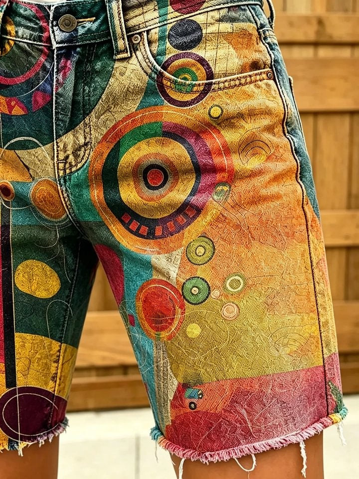Women's Abstract Geometric Art Print Frayed Denim Bermuda Shorts
