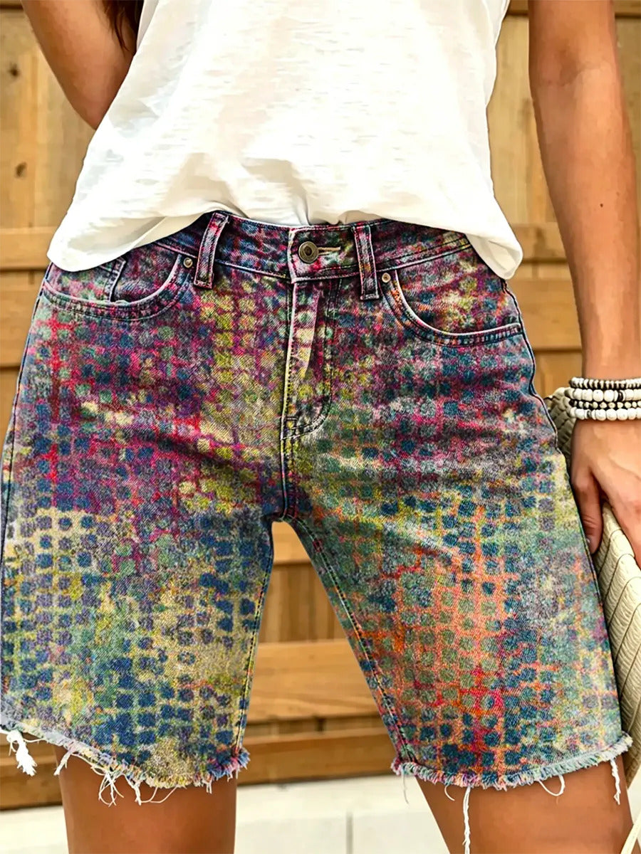 Women's Psychedelic Tie-Dye Plaid Print Frayed Hem Denim Bermuda Shorts