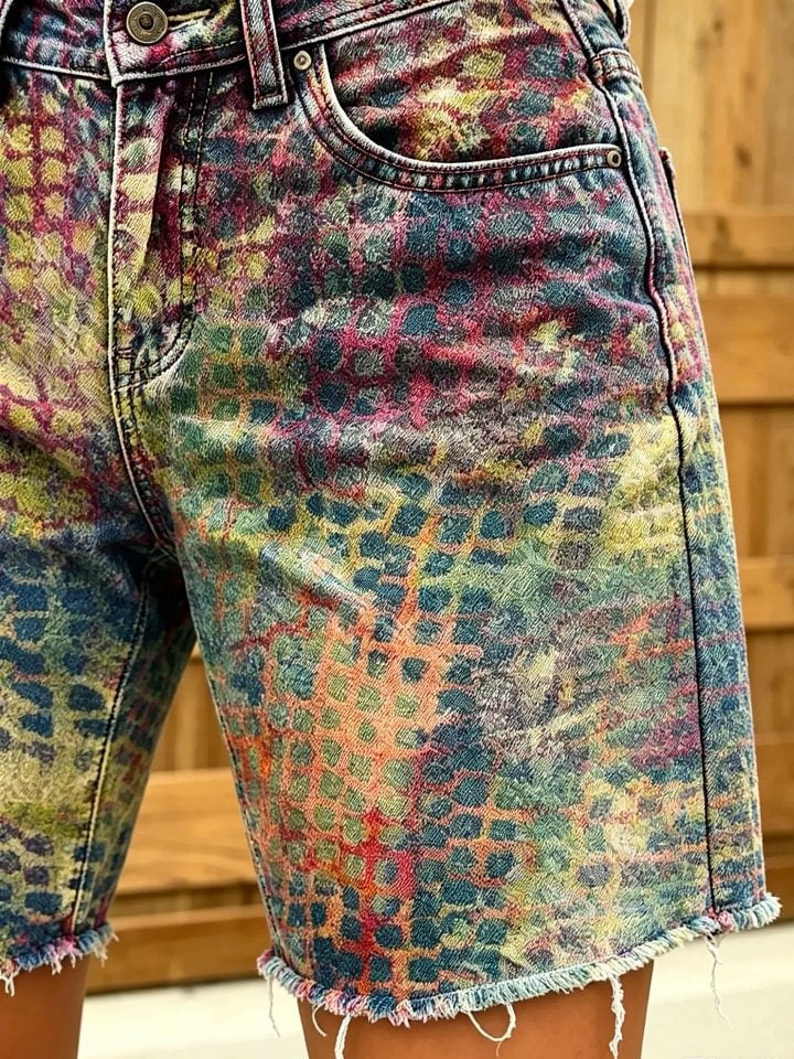Women's Psychedelic Tie-Dye Plaid Print Frayed Hem Denim Bermuda Shorts