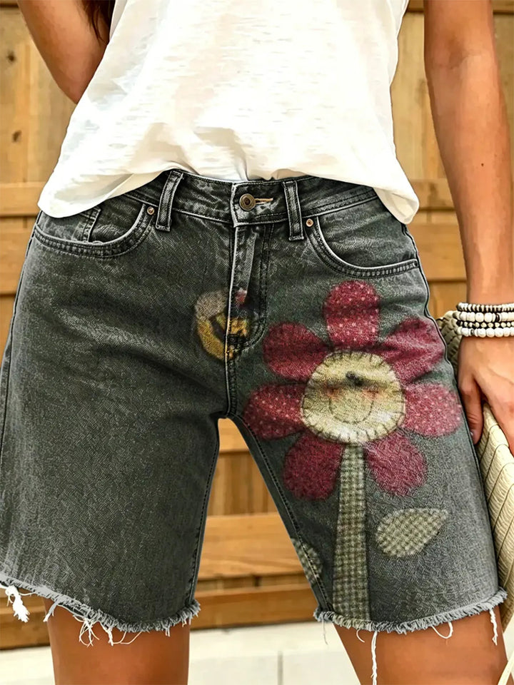 Women's Retro Smiley Sunflower Distressed Print Frayed Denim Bermuda Shorts