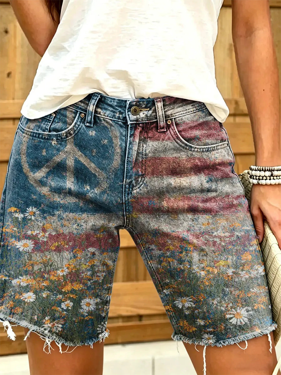 Women's American flag and peace symbol floral print frayed denim Bermuda shorts