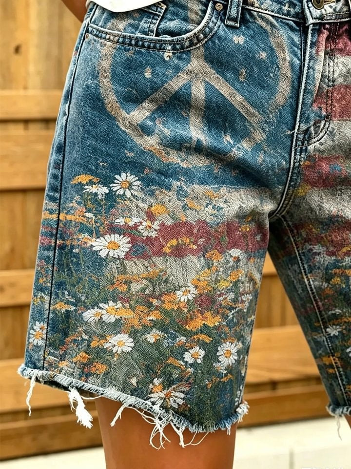 Women's American flag and peace symbol floral print frayed denim Bermuda shorts